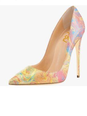 FSJ Watercolor High Heel Pump Stiletto Pointy Toe Evening Party Dress Print Shoe